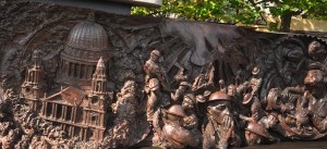 The right hand panel of the Battle of Britain memorial shows St Paul's standing tall as the men of the auxiliary fire service deal with London in flames