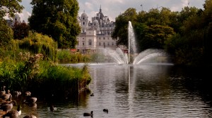 Horse Guards shows behind the edge of John Nash's lake at the Eastern end of the St James's Park.